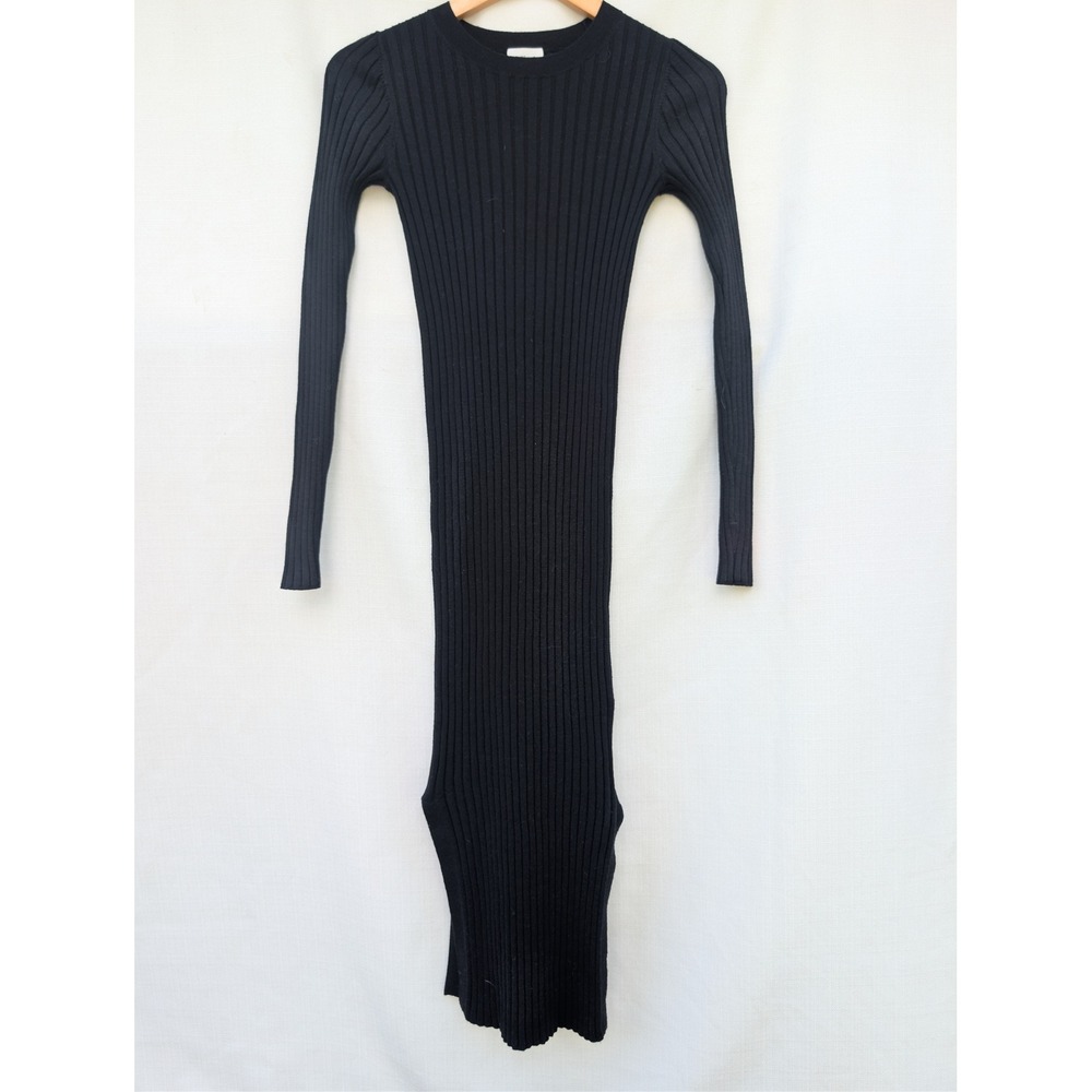 Wilfred Aritzia Ribbed Sweater Dress Womens S Black Wool Blend Midi Side Slit